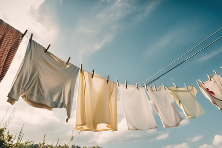a line of clothes hanging on a clothes line with a blue sky in the back ground and clouds in the sky behind them, and a line of clothes hanging on a clothes line. .の素材
