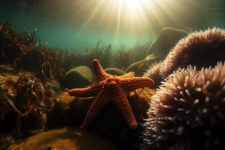 a starfish and sea anemone in the ocean with sunlight shining through the water's bubbles and a starfish in the foreground. .の素材