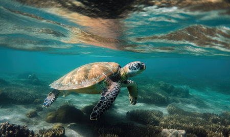 a turtle swimming in the ocean with a coral reef in the foreground and a coral reef in the foreground, with a sun shining on the water surface. .の素材