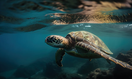 a green turtle swimming in the ocean with its head above the water's surface and its back to the camera, with its head above the water's surface. .の素材