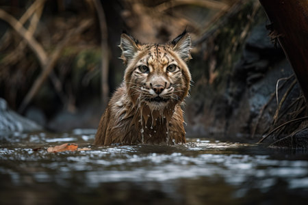 a close up of a cat in a body of water with a tree in the back ground and bushes in the back ground behind it. .の素材