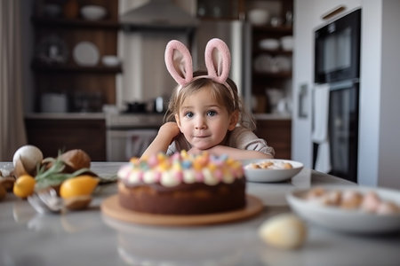 a little girl sitting at a table in front of a cake with bunny ears on top of it and a plate of food in front of her. . generative aiの素材