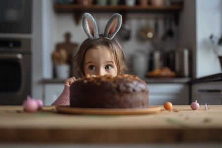a little girl sitting in front of a chocolate cake with bunny ears on her head looking at the camera with a chocolate cake in front of her. . generative aiの素材
