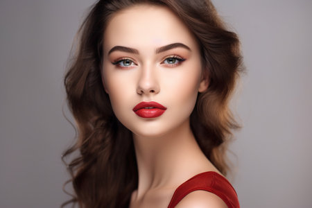 Portrait of beautiful young woman with professional make up and red lipsの素材
