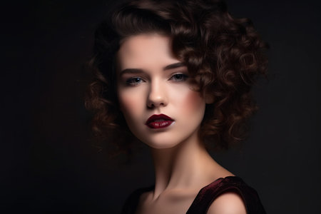 Portrait of beautiful young woman with curly hairstyle and red lipsの素材