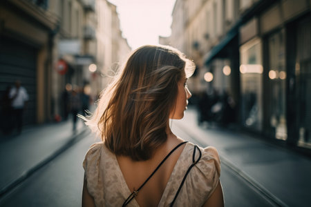 a woman walking down a street next to a tall building with a clock on the side of it's face and a person walking down the street. . generative aiの素材