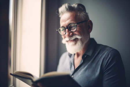 a man with a white beard and glasses reading a book by a window with sunlight coming through the window panes on the side of the window. . generative aiの素材