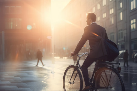 Rear view of businessman riding bicycle in the city at sunny dayの素材