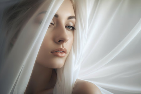 Portrait of a beautiful blonde woman under a white veil. beauty, fashion.の素材