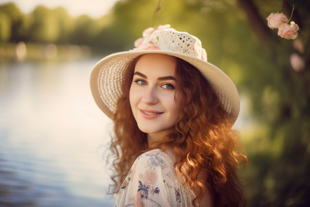 a woman with red hair wearing a white hat by a lake with flowers in the foreground and a tree in the background with a light reflection on the water. . generative aiの素材