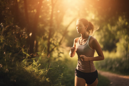 Young woman jogging in forest. Healthy lifestyle and fitness concept.の素材