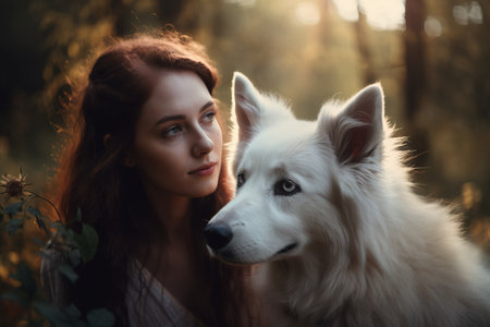 Beautiful young woman with white swiss shepherd dog in the forestの素材