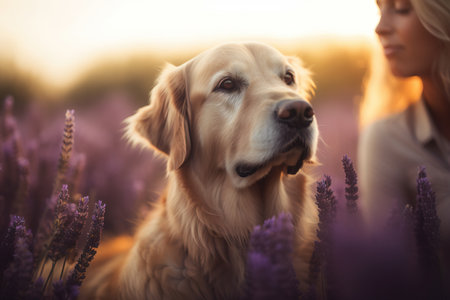 a woman standing next to a dog in a field of flowers. . generative aiの素材