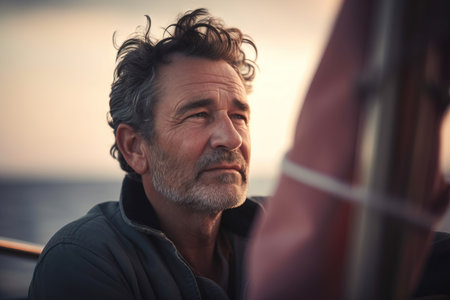 Portrait of a handsome mature man sailing on a yacht at sunsetの素材