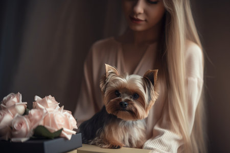 a woman sitting at a table with a small dog in front of her. . generative aiの素材