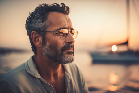 Portrait of a handsome mature man in sunglasses standing on the pier at sunset.の素材