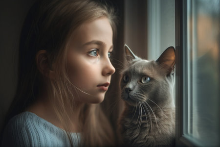 Portrait of beautiful little girl with cat on window sill at homeの素材