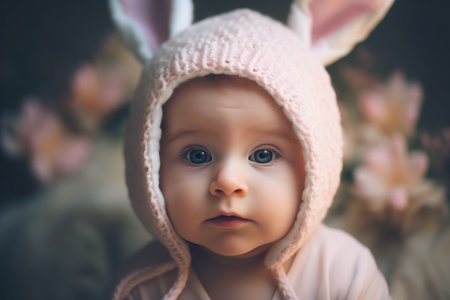 Portrait of a cute baby girl in a pink knitted hat with earsの素材