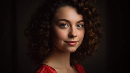 Portrait of beautiful young woman with curly hair in red dress.の素材