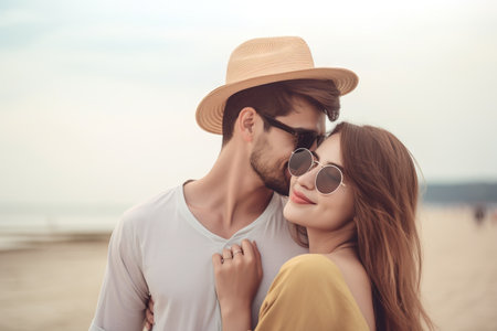 Beautiful young couple in love hugging and kissing on the beach.の素材