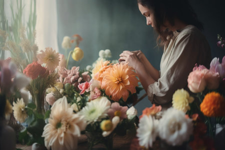 Beautiful young woman florist making bouquet in her workshopの素材