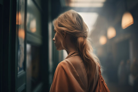 Portrait of a beautiful young woman with blond hair in an orange coat on the street.の素材