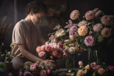 Beautiful young woman florist making bouquet in flower shopの素材