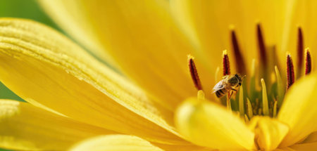 Bee on a yellow flower. Close-up. Macro photography.の素材
