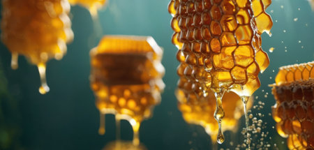 Honey dripping from hexagonal honeycombs filled with fresh honeyの素材