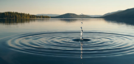 Water drop falling on the surface of a lake with mountains in the backgroundの素材