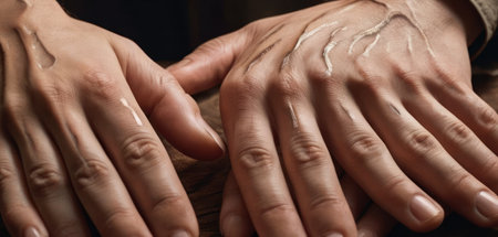 Close up of hands of young caucasian man and woman applying moisturizing cream on their palms. Skin care conceptの素材
