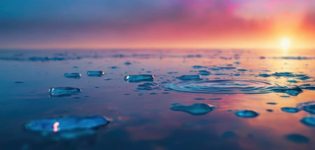 Water drops on the surface of the water at sunset. Beautiful natural backgroundの素材
