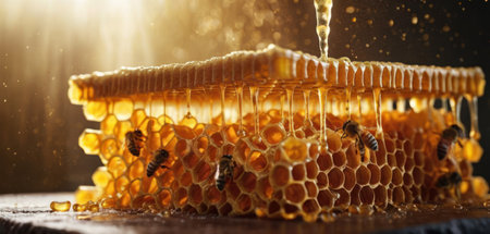 Drop of bee honey drip from hexagonal honeycombs filled with golden nectar, honeycombs summer composition consisting of drop natural honey, drip on wax frame bee, drop of bee honey drip in honeycombsの素材