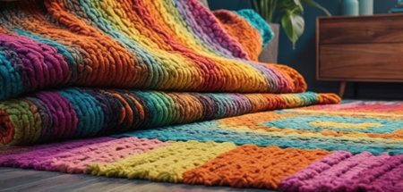 A stack of multi-colored knitted blankets on the floor.の素材