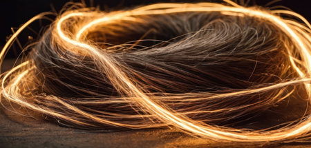 close up of a hair strand with a glowing light in the backgroundの素材