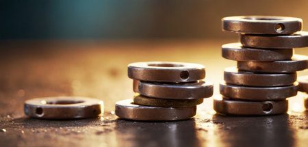 Close-up of a stack of metal parts on a table.の素材