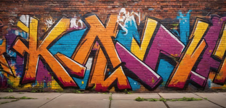 Colorful graffiti on a brick wall. Abstract background image of street art. Urban Contemporary Cultureの素材