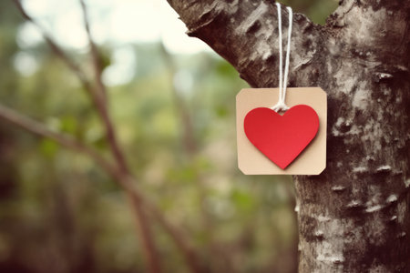 Red heart on a tree with bokeh background, valentine conceptの素材