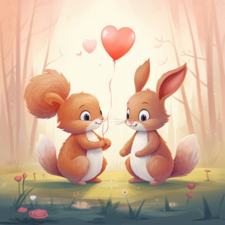 Two cute squirrels with heart balloon in the forest. Vector illustration.の素材