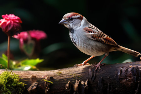 Sparrow perched on a branch with flowers in the background.の素材