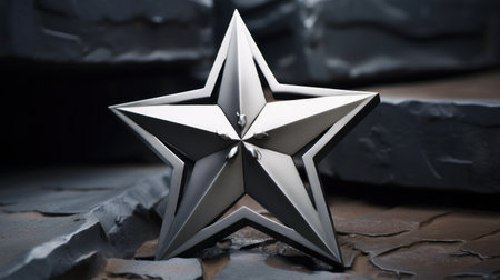 Silver star on a black background. 3D rendering. Selective focus.の素材