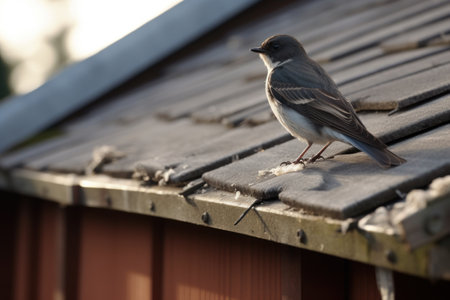 A bird on the roof of a wooden house in the village.の素材