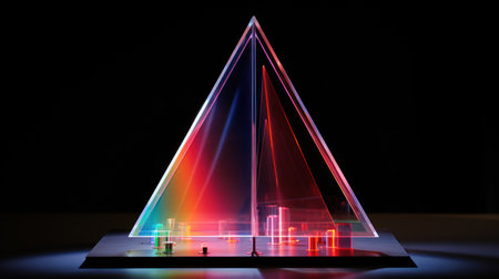 3d illustration of a pyramid with multicolored lights on a black backgroundの素材