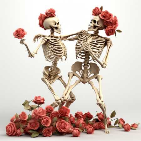 Skeleton couple with roses isolated on white background. 3d renderの素材