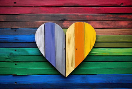 Colorful wooden heart on colorful wood wall background. Valentines day conceptの素材