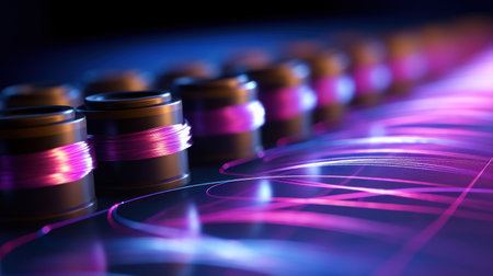 3d illustration of sound waves in the dark with purple neon lightsの素材