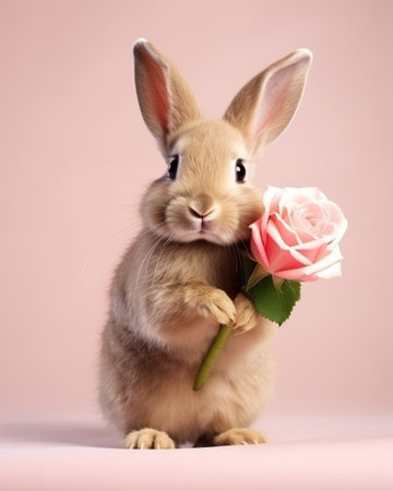 Cute Easter bunny holding a rose on a pink background, easter conceptの素材