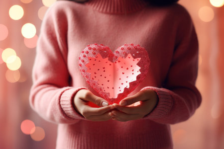 Woman holding paper heart on bokeh background, closeup. Valentine's day celebrationの素材