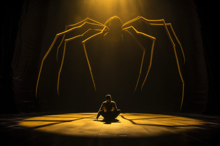 Halloween concept. Silhouette of woman sitting on the floor with spiderの素材