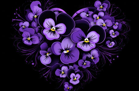 Purple pansy flowers on a black background in a heart shapeの素材